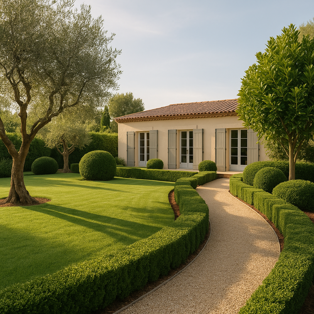 ardin méditerranéen haut de gamme autour d’une maison provençale moderne, pelouse tondue, oliviers et lauriers, allée en gravier soignée, ambiance élégante et paisible dans le sud de la France.